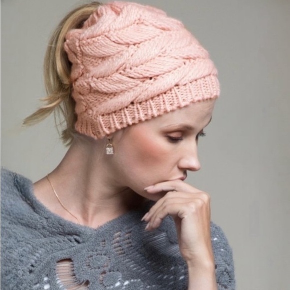 (19) 🍁New🍁Messy Bun Pink Beanie Fall Winter Hat - Picture 2 of 3